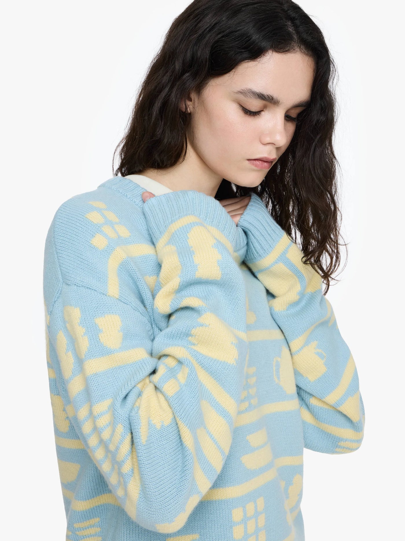 Jacquard Pullover Geschirr in hellblau