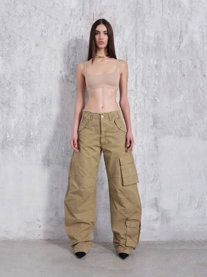 【Raucohouse】Eyelet cargo pocket banding Darkpark Cargo Pants Rosalind beige - ADAM/EVE