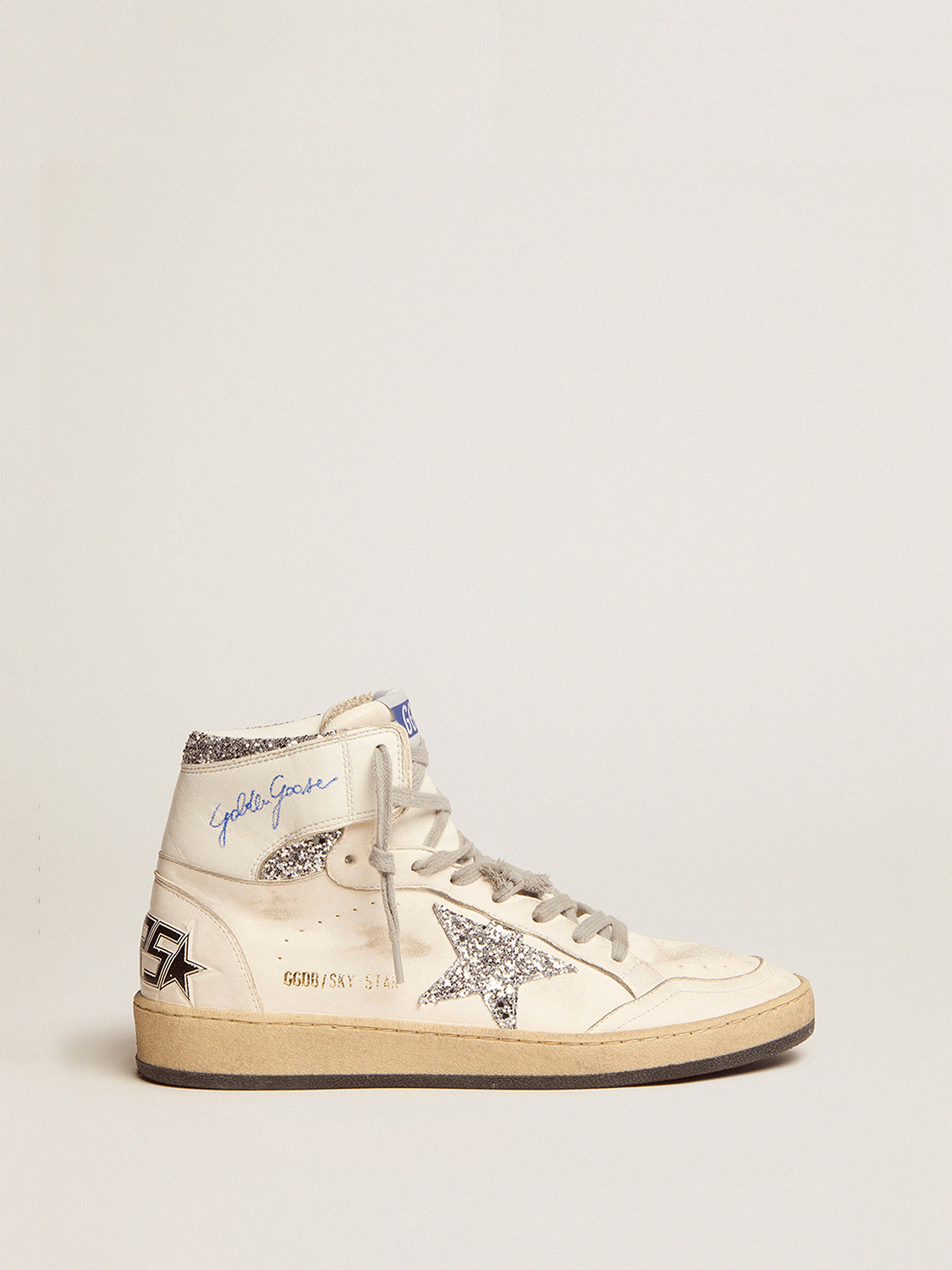 Golden Goose Sneaker | Hight Top Sneaker Sky-Star mit silber Glitzer Stern in weiß | GWF00230.F002192.80185 / ADAM/EVE