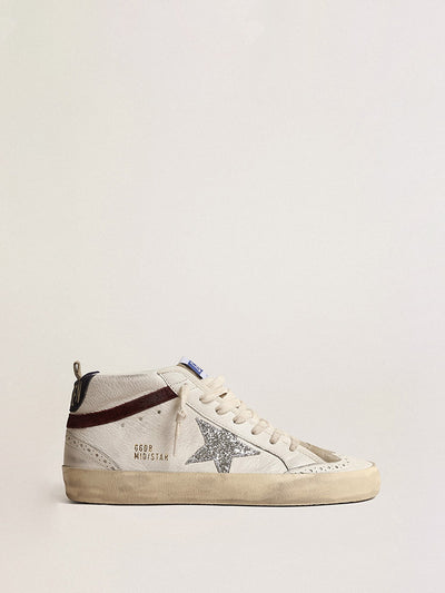 Golden Goose Sneaker | Mid Star Sneaker aus weißem Leder mit Glitzer Stern | GWF00122.F004160.11389 / ADAM/EVE