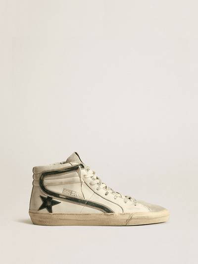 Golden Goose Sneaker | Slide Sneaker in beige mit Stern und Komma aus grünem Metallic-Leder | GMF00115.F004002.81997 / ADAM/EVE