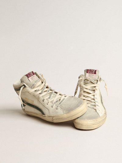 Golden Goose Sneaker | Slide Sneaker in beige mit Stern und Komma aus grünem Metallic-Leder | GMF00115.F004002.81997 / ADAM/EVE