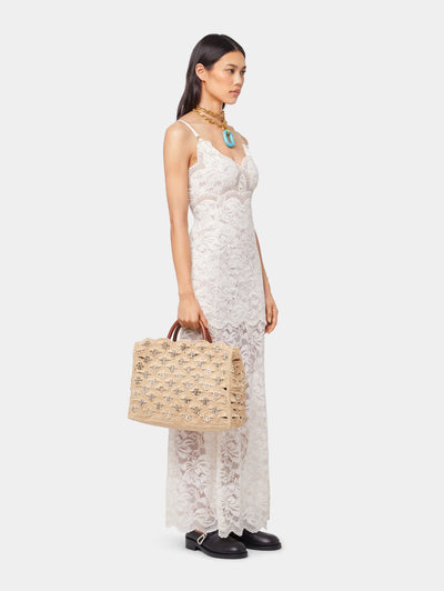 Raffia Tasche mit silbernen Applikationen in natur-beige